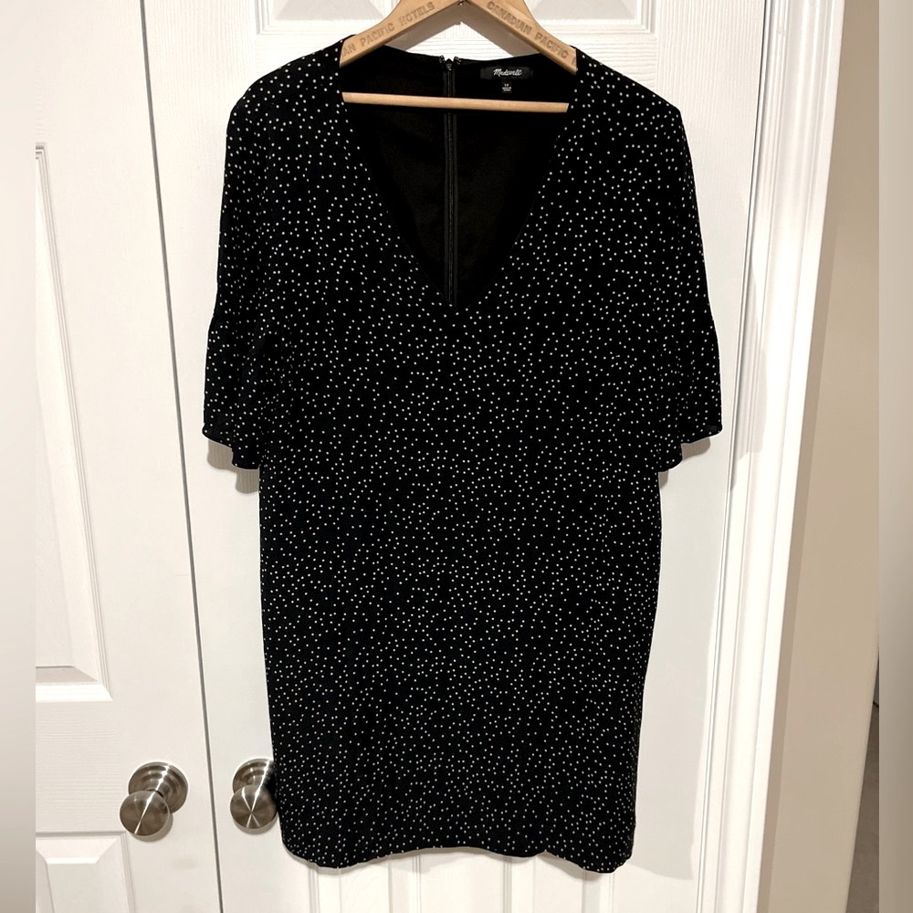 Madewell Polka Dot Shift Ruffle Sleeve Vneck Lined Dress Sz 12
